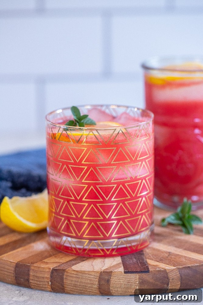 A cup of vibrant pink watermelon lemonade garnished with fresh mint and a lemon slice, sitting on a wooden surface.