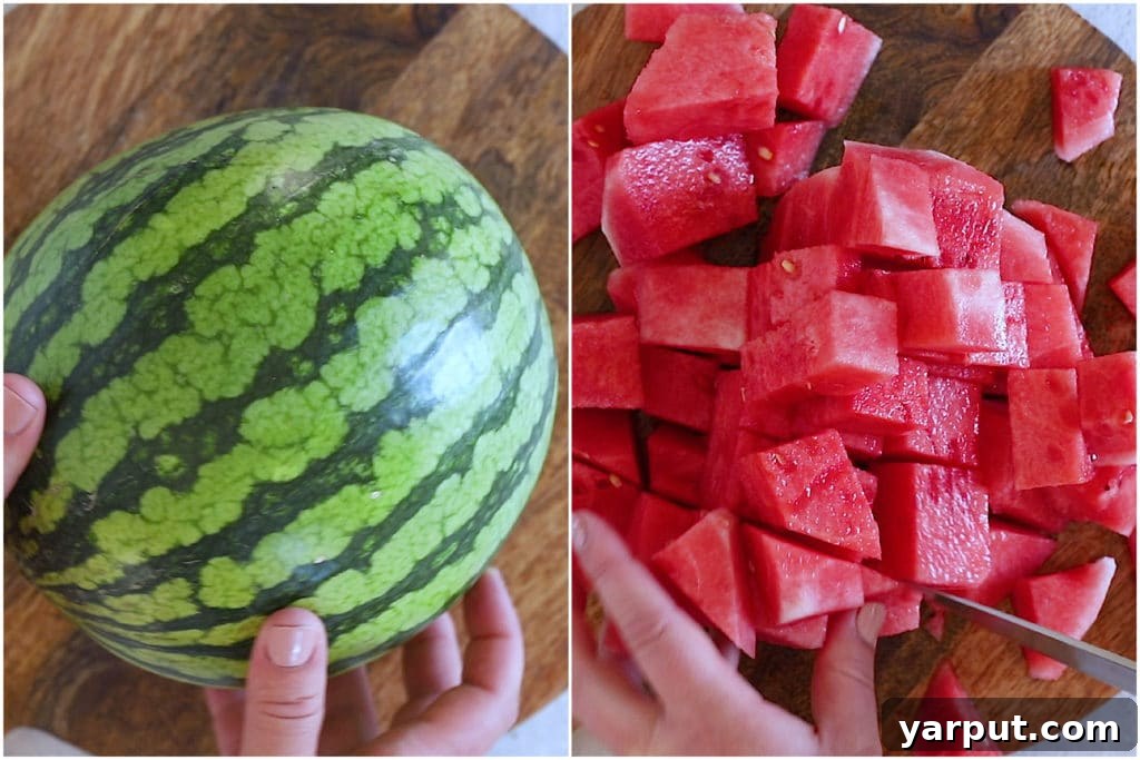 A perfectly cut, seedless watermelon displaying its vibrant red flesh, ready to be prepared for making fresh watermelon lemonade.