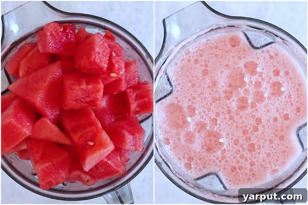 Chunks of fresh, seedless watermelon being placed into a blender, followed by an image of the watermelon blended into a smooth, frothy juice.