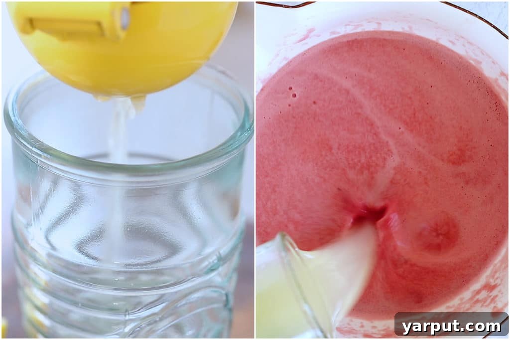 A step-by-step image showing the process of making watermelon lemonade, from blending watermelon to adding freshly squeezed lemon juice.