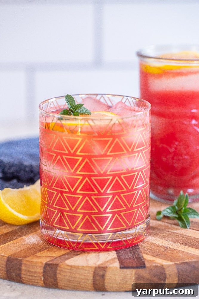 A refreshing glass of watermelon lemonade garnished with a lemon wedge and fresh mint leaves, placed on a light wooden surface.