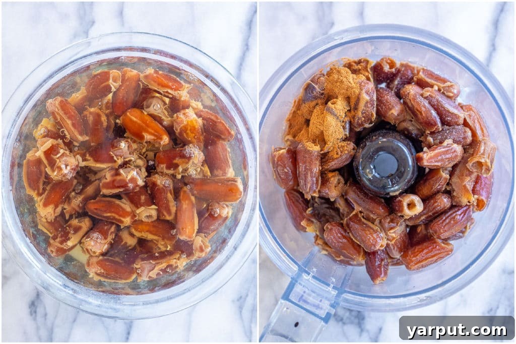 A series of images showing the process of making date paste: whole dates soaking in hot water in a bowl, followed by the softened dates being blended in a food processor to create a smooth paste, illustrating the simple preparation.