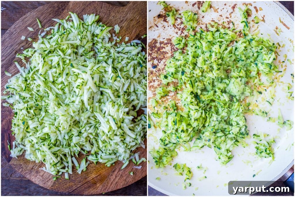 Zucchini Pizza Poppers 3 Grated zucchini shown before and after being cooked to remove excess moisture and enhance flavor
