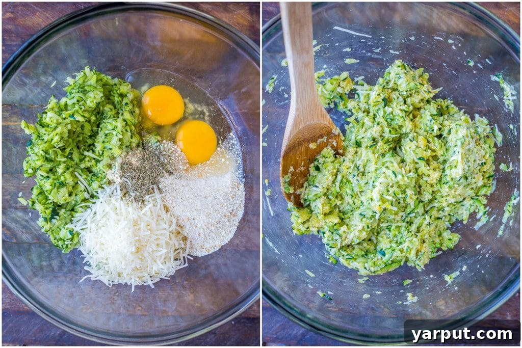 Zucchini Pizza Poppers 4 Step-by-step photos showing how to mix and shape zucchini pizza bites before baking