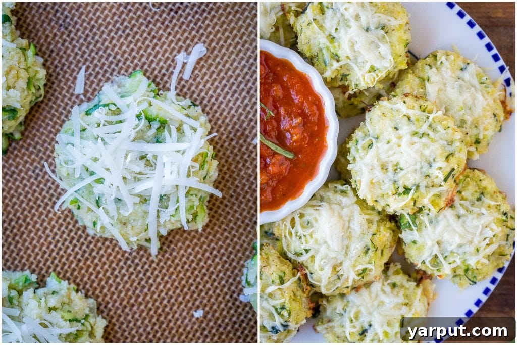 Zucchini Pizza Poppers 5 Comparison of uncooked zucchini pizza bites and golden brown baked zucchini pizza bites