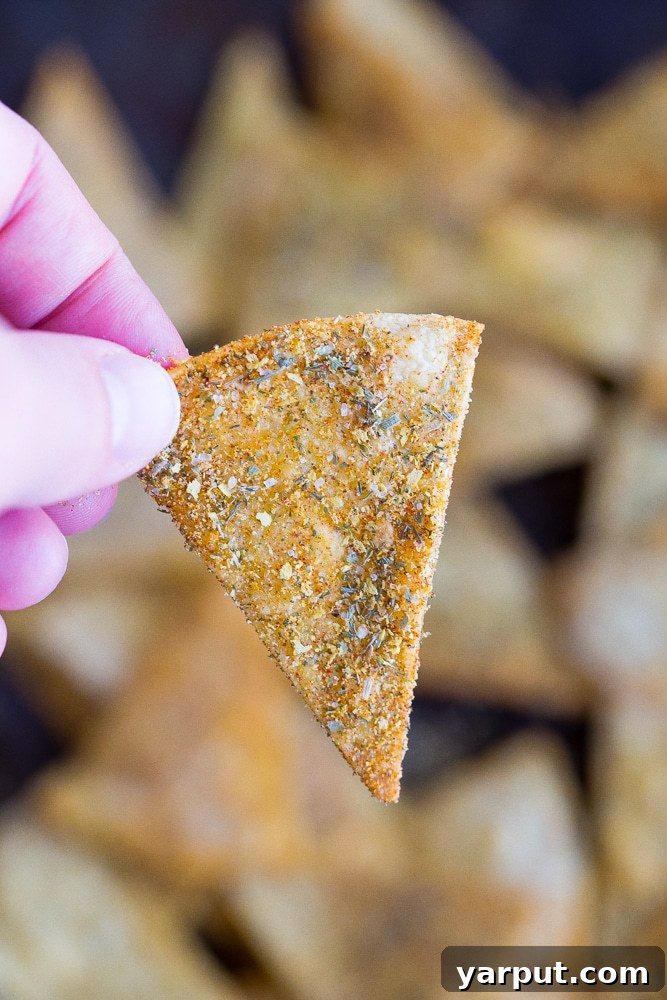 Close-up shot of crispy Homemade Cool Ranch Doritos, highlighting the rich seasoning blend clinging to each golden-brown corn chip, ready to be enjoyed.