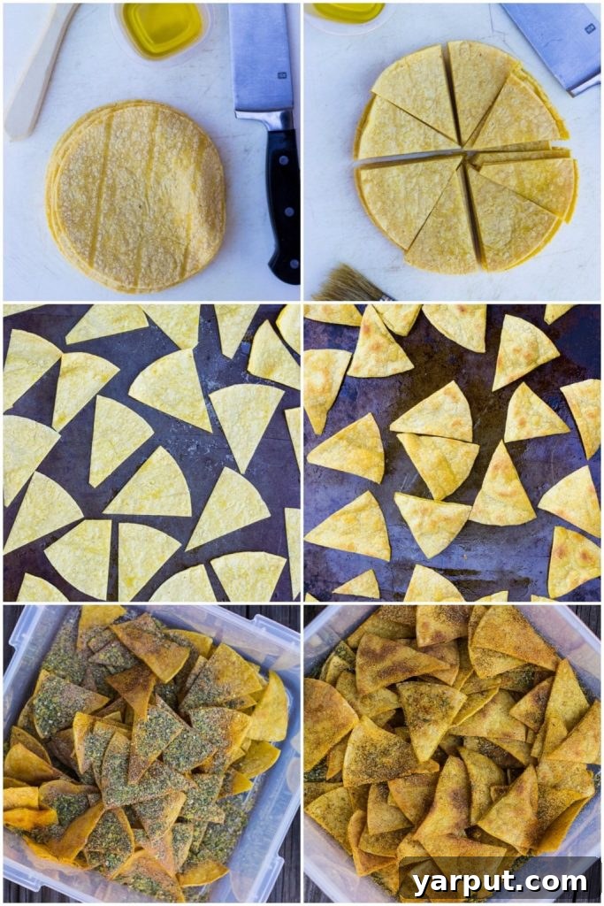 Step-by-step photographic collage demonstrating the process of making homemade Cool Ranch Doritos, from cutting tortillas to baking and seasoning, providing visual guidance.