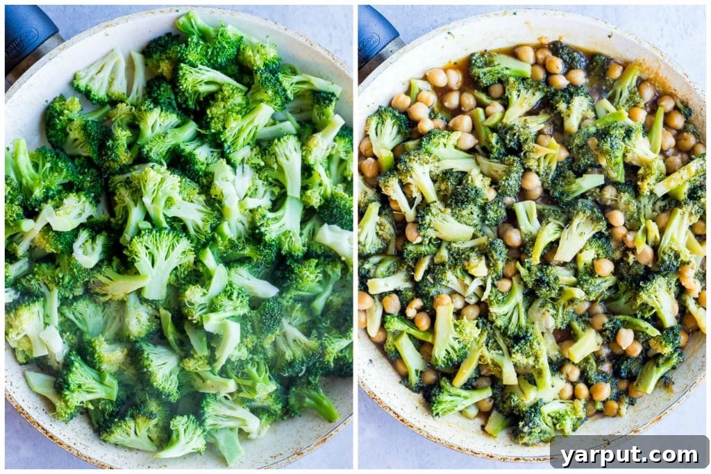 Savory Teriyaki Broccoli and Chickpea Stir-Fry 3 Two steps of making teriyaki stir fry with broccoli and chickpeas, showing ingredients in a jar and broccoli cooking in a pan.