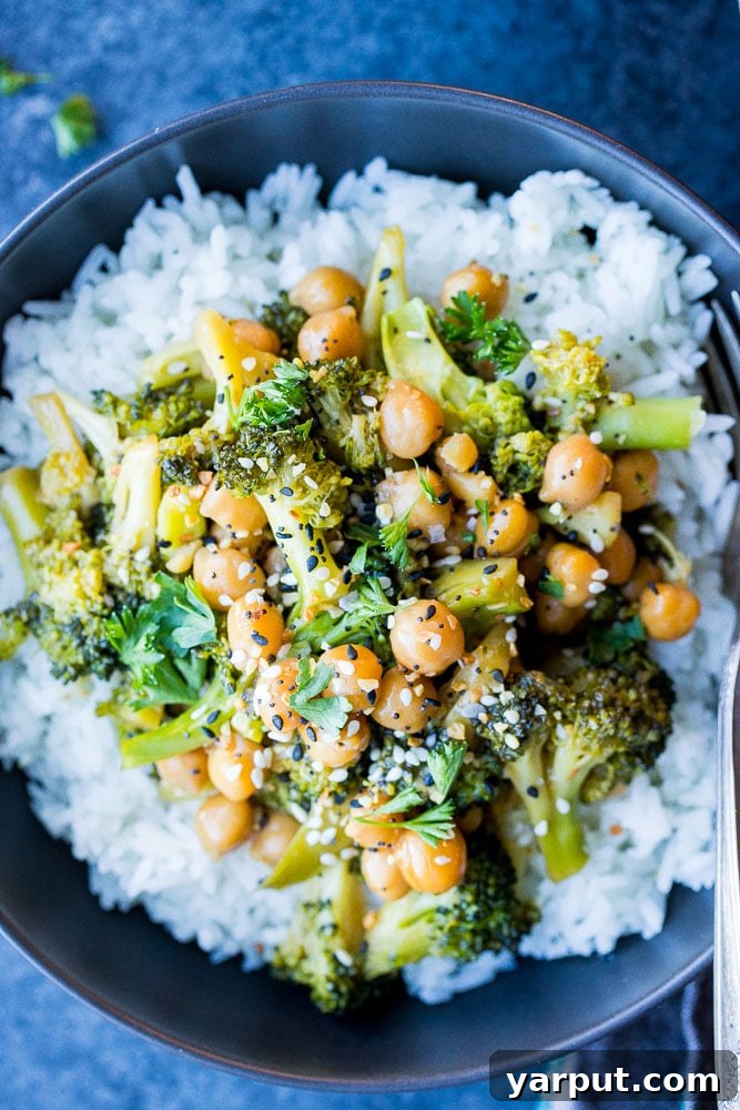 Savory Teriyaki Broccoli and Chickpea Stir-Fry 5 Close up view of vegetable stir fry with broccoli and chickpeas.
