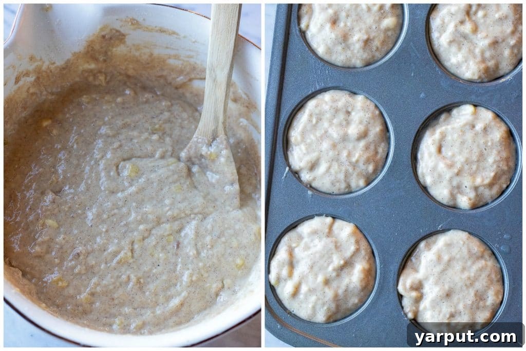 Nutella Marbled Banana Muffins 3 Step-by-step image showing the process of making Nutella swirl banana muffins, highlighting the mixture and preparation.