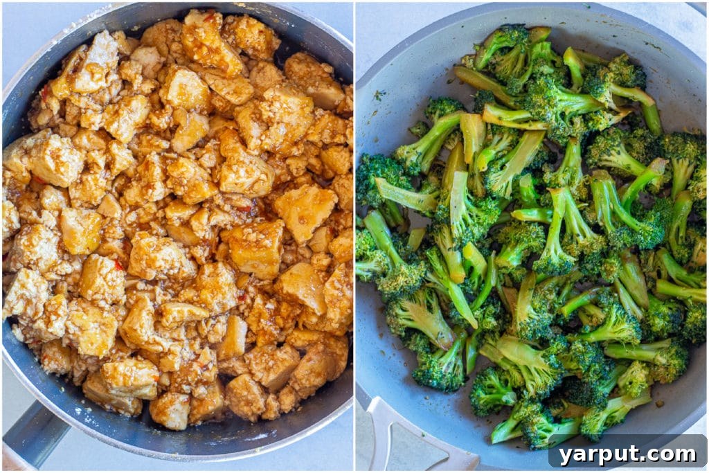 Sweet Heat Tofu Chili Bowls 4 cooked tofu in the chili sauce on the left and cooked broccoli on the right