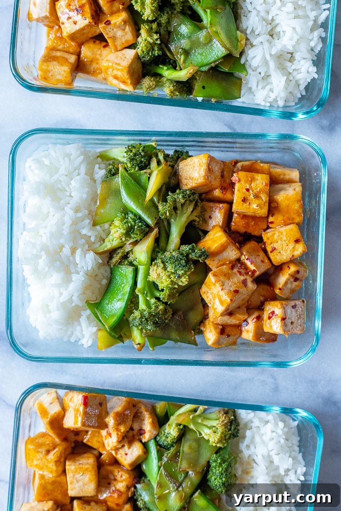 Sweet Heat Tofu Chili Bowls 6 sweet and spicy chili tofu bowls for meal prep with rice and broccoli