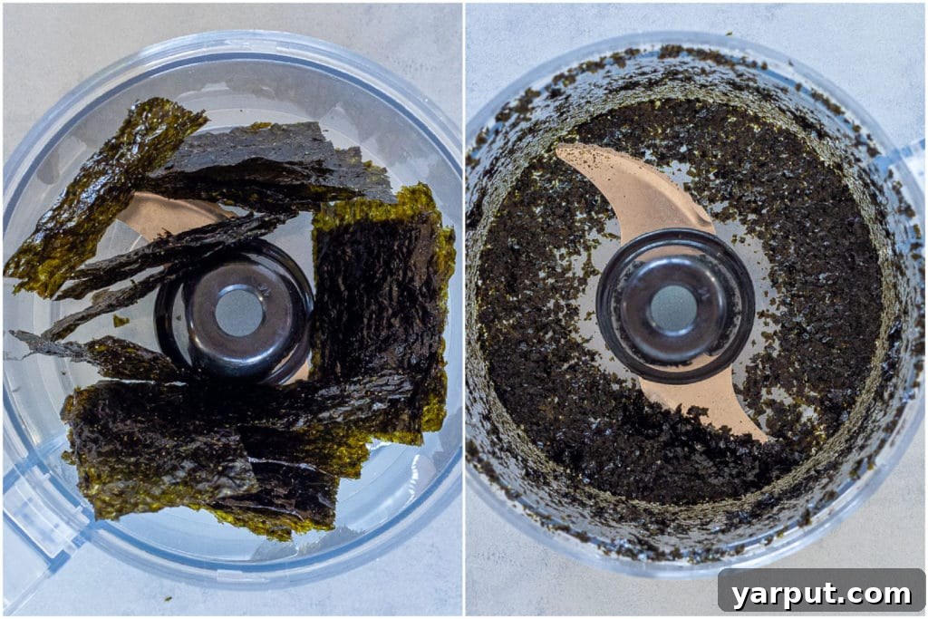 The Ultimate Plant-Based Tuna Salad 3 Close-up of nori paper being blended in a food processor to create nori flakes, highlighting the key ingredient for vegan tuna.