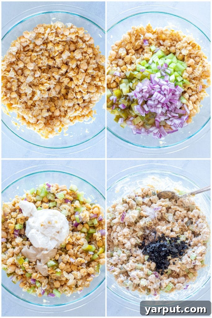 The Ultimate Plant-Based Tuna Salad 4 Step-by-step photos illustrating the process of making the best vegan tuna salad, from mashing chickpeas to mixing ingredients.