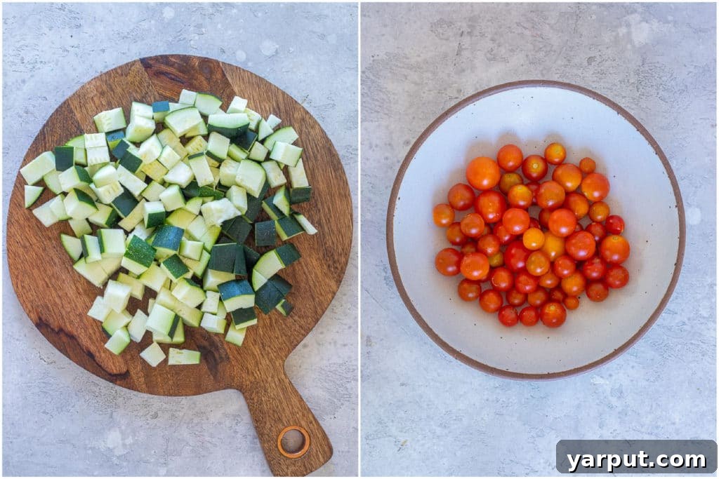 Golden Gnocchi with Roasted Zucchini and Burst Tomatoes 3 chopped zucchini on a cutting board and cherry tomatoes in a bowl