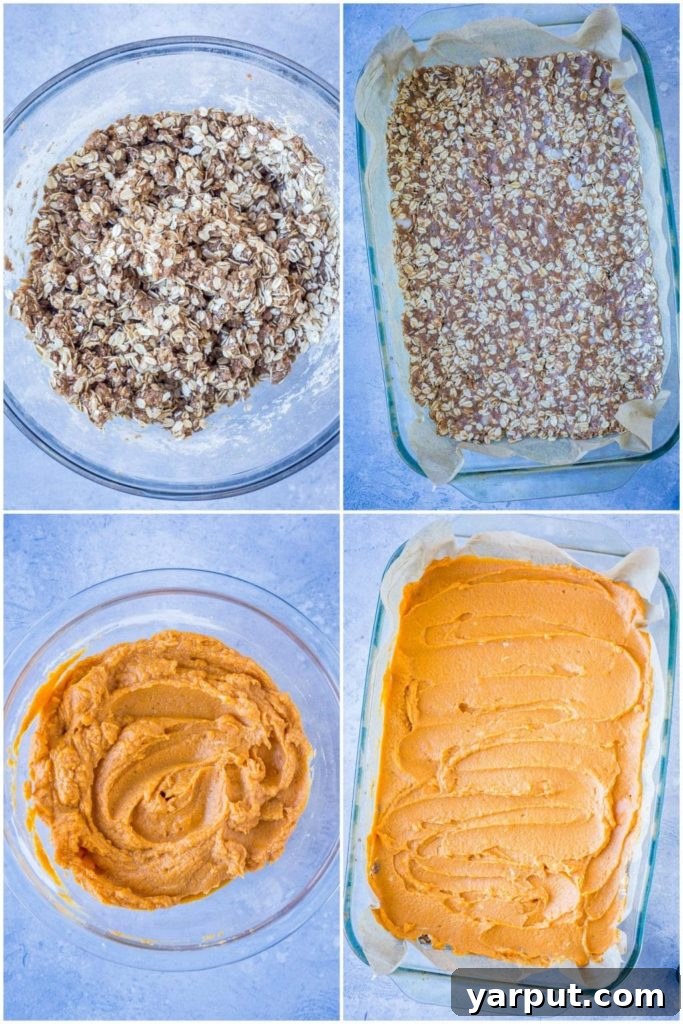 Step-by-step photos illustrating the simple process of making sweet potato pie bars.