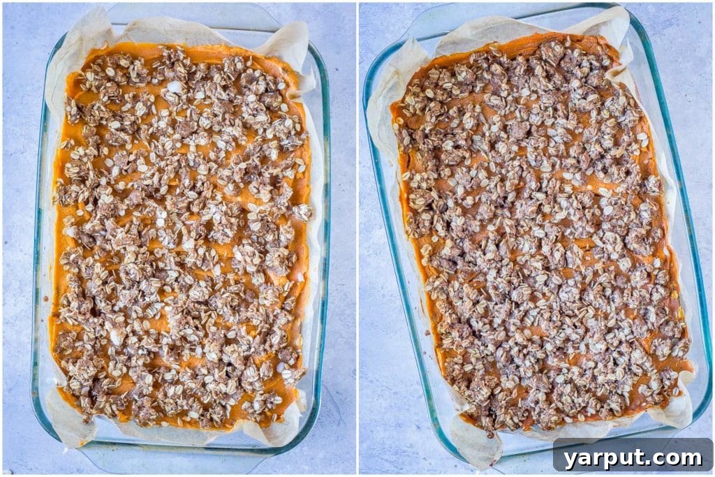 Sweet potato crumb bars before and after baking, showing the golden-brown crust.