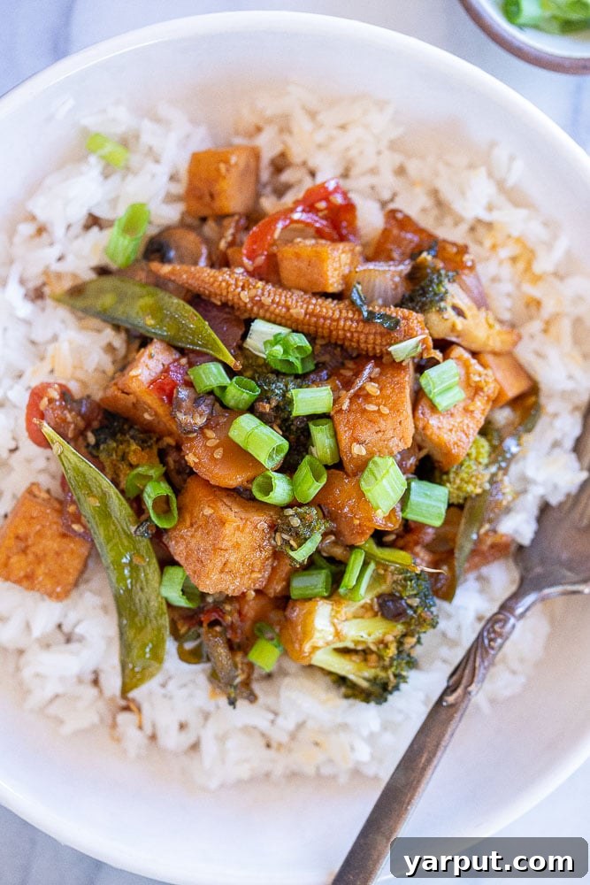Trader Joe's Five-Ingredient Teriyaki Tofu Stir Fry 6 Overhead shot of Teriyaki Tofu Stir Fry in a pan