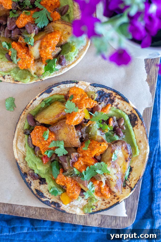 Trader Joe's Five Series: Spicy Potato Tacos with Black Beans 5 A close-up shot of two assembled spicy potato tacos with black beans, garnished with fresh cilantro and drizzled with romesco sauce, artfully presented on a wooden cutting board.
