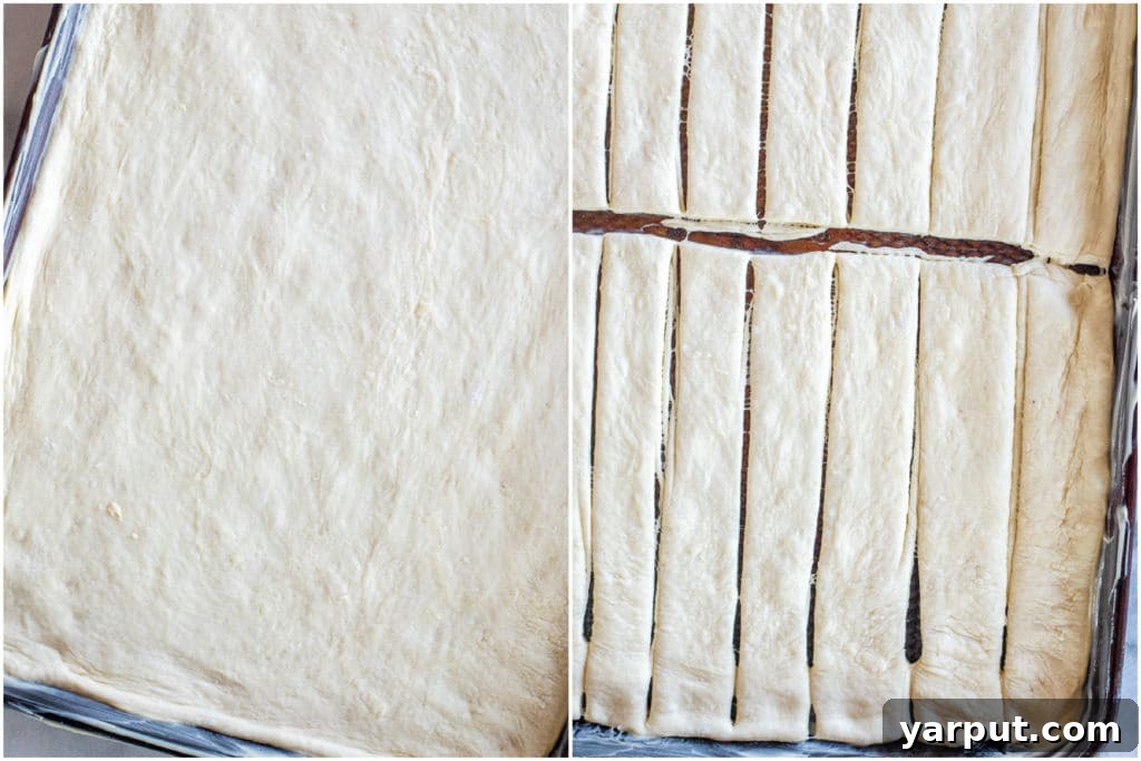 Irresistible Vegan Breadsticks 3 Step-by-step image showing how to prepare vegan breadsticks using a sheet of pizza dough, ready for baking.