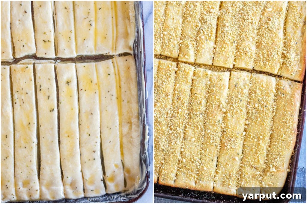Irresistible Vegan Breadsticks 4 Before and after baking comparison of vegan breadsticks, highlighting their transformation into golden, crispy perfection.