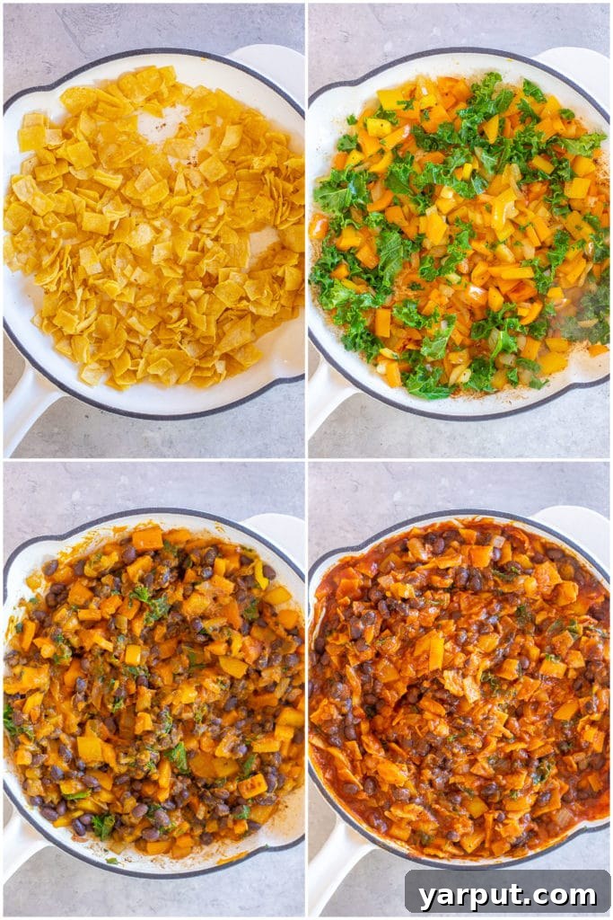 Creamy Pumpkin Black Bean Skillet Enchiladas 3 showing step by step how to make skillet enchiladas