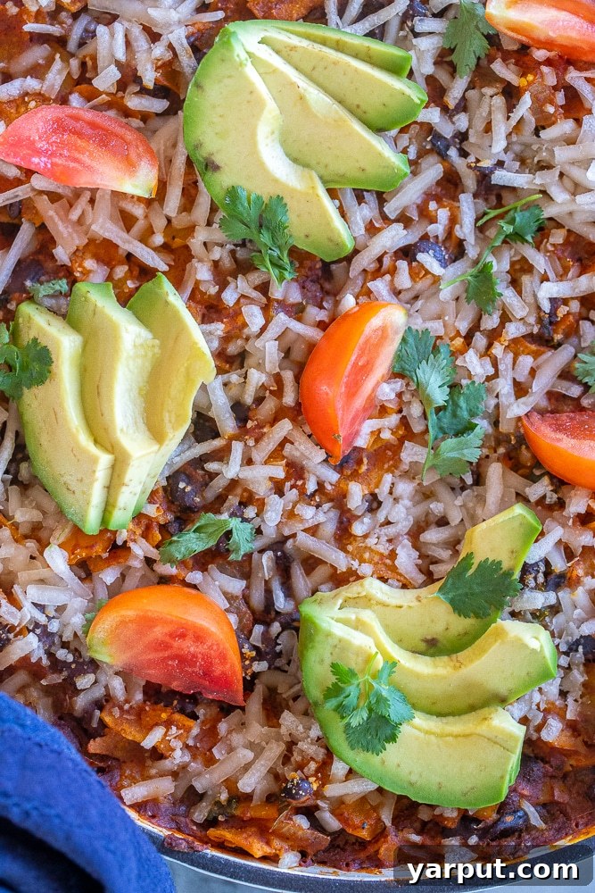 Creamy Pumpkin Black Bean Skillet Enchiladas 6 close up of skillet enchiladas with toppings