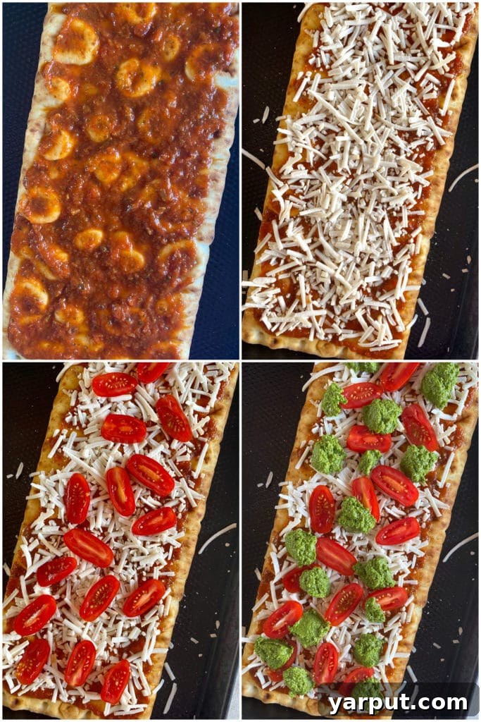 Trader Joe's Simple 5-Ingredient Vegan Tomato Pesto Pizza 4 Step-by-step photos showing the assembly process of the vegan tomato pesto pizza