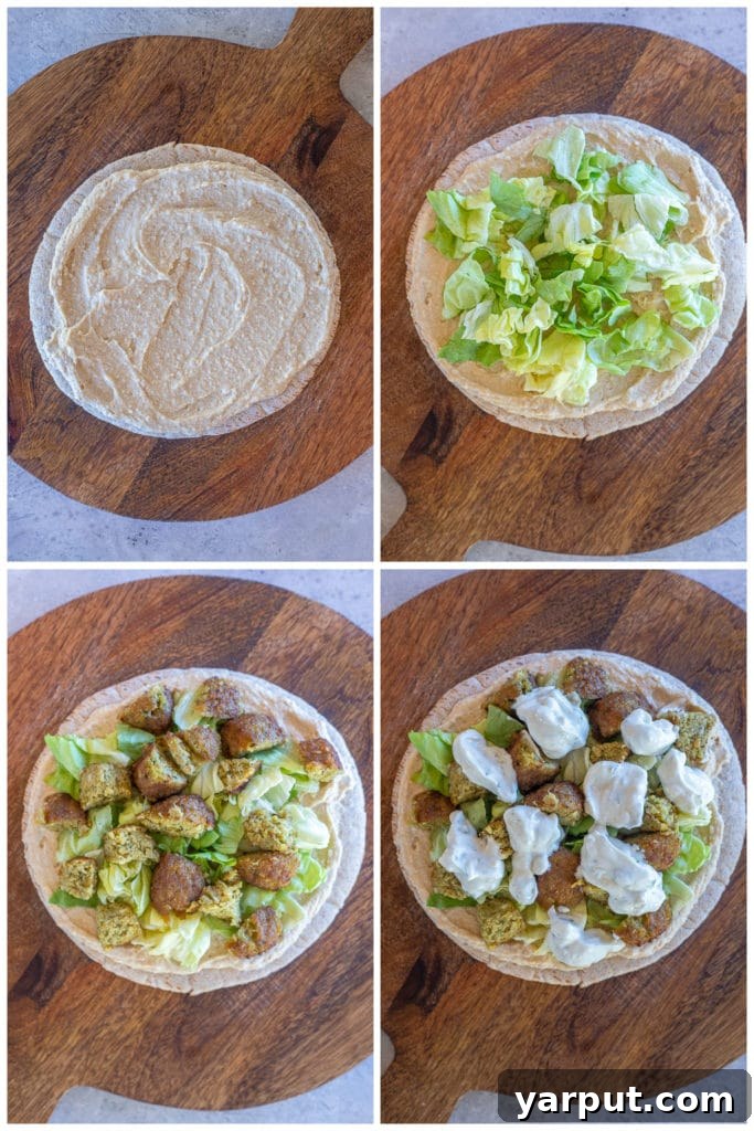 Loaded Vegan Falafel Pitas 4 Four-step visual guide showing how to assemble open-faced vegan falafel pitas with hummus, lettuce, falafel, and tzatziki sauce