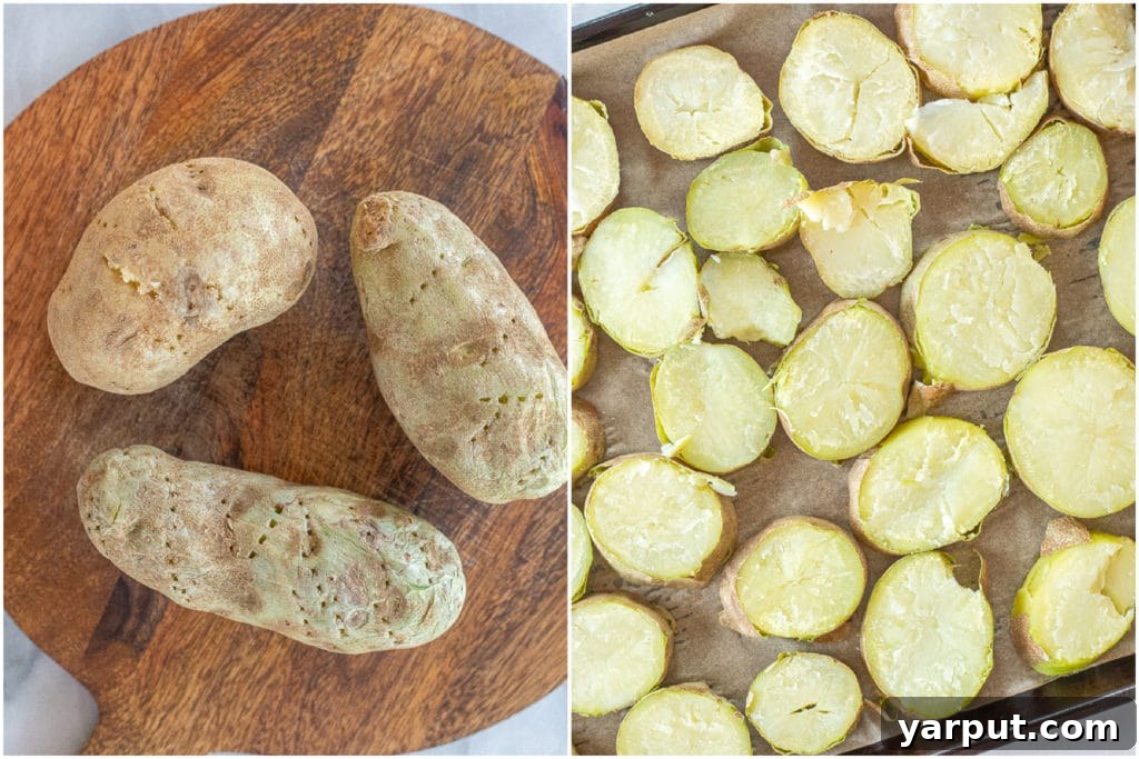 Roasted Blackened Potatoes: A Flavorful Side Dish 3 A step-by-step image showing how to prepare blackened potatoes, from pre-cooking to slicing.
