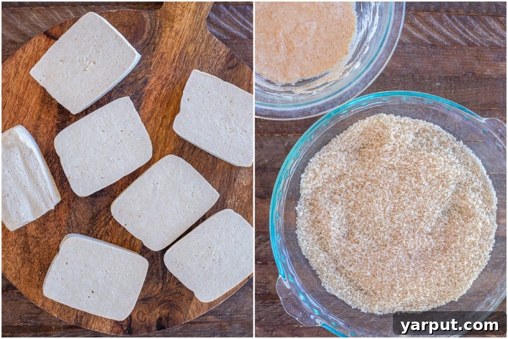 Golden Crispy Tofu Steaks 3 A step-by-step visual guide showing how to prepare crispy fried tofu steaks, featuring slices of tofu, a bowl of panko breading, and a bowl of batter.
