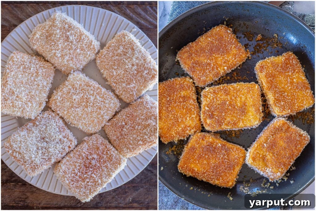 Golden Crispy Tofu Steaks 4 A close-up view of tofu slices being breaded and fried in a skillet with oil, demonstrating the cooking process for crispy tofu steaks.
