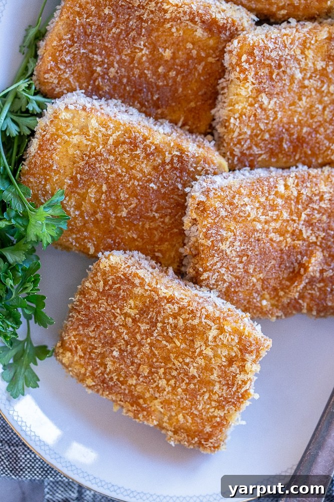 Golden Crispy Tofu Steaks 6 A close-up shot of a single crispy tofu steak on a platter, showcasing its golden-brown, crunchy breading and inviting texture.