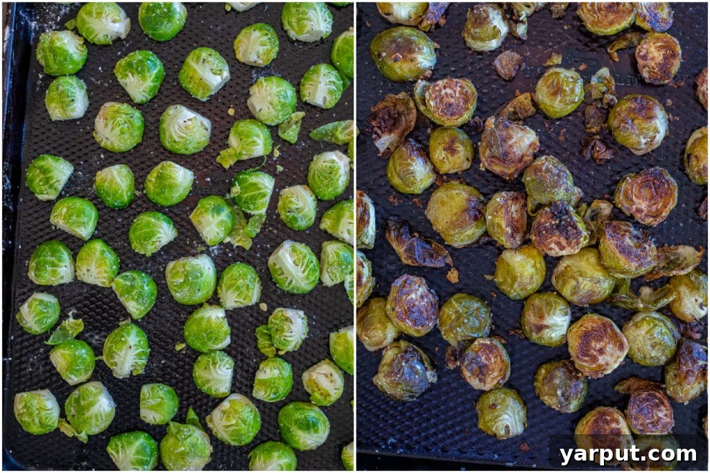 Crispy Lemon Pepper Roasted Brussels Sprouts 3 Before and after comparison of lemon pepper Brussels sprouts, showing fresh sprouts next to perfectly roasted and caramelized ones.