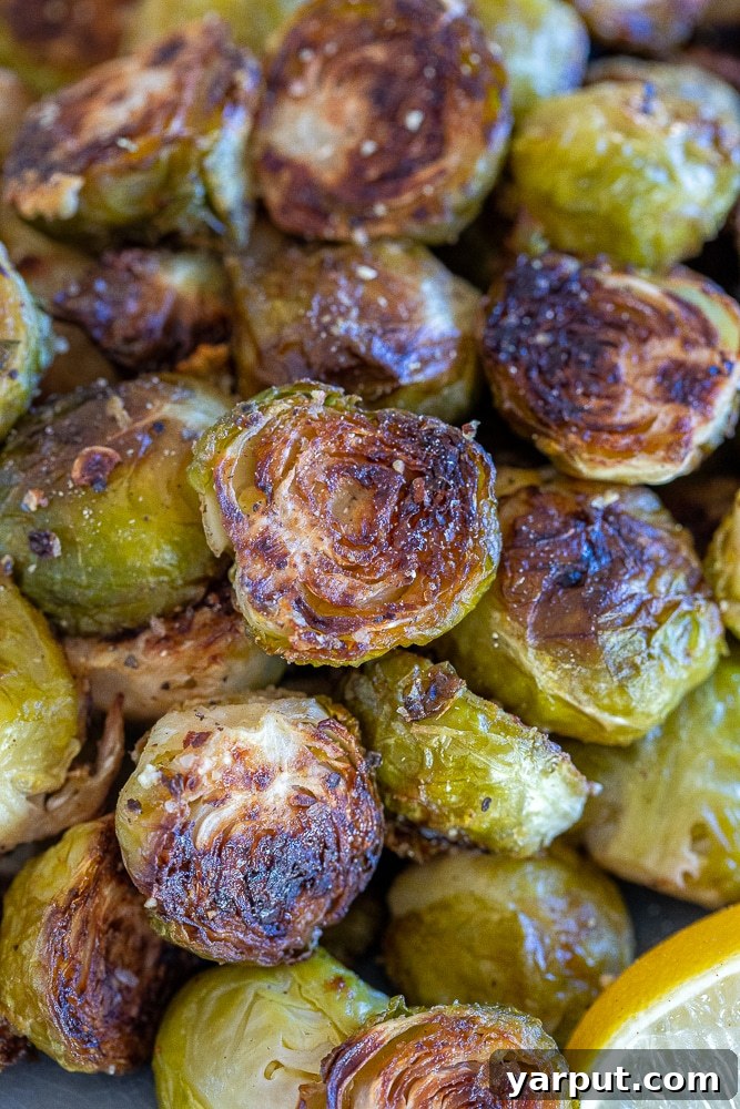 Crispy Lemon Pepper Roasted Brussels Sprouts 4 Close-up of a single perfectly roasted and caramelized Brussels sprout, showing its crispy edges.