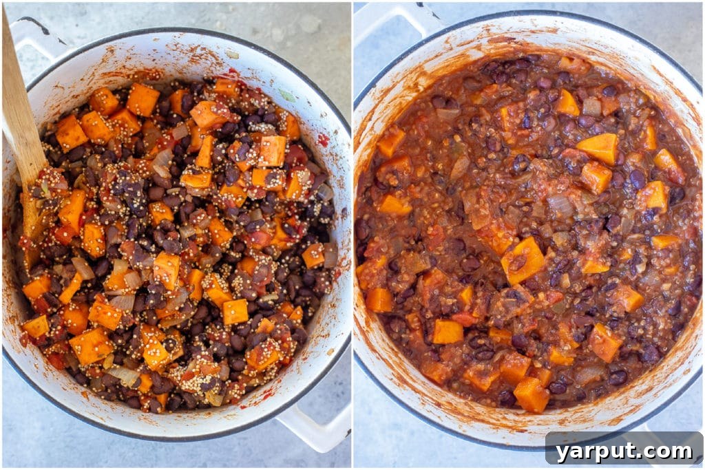 Wholesome Sweet Potato Quinoa Chili 3 showing how to make sweet potato and quinoa chili before and after it's done cooking