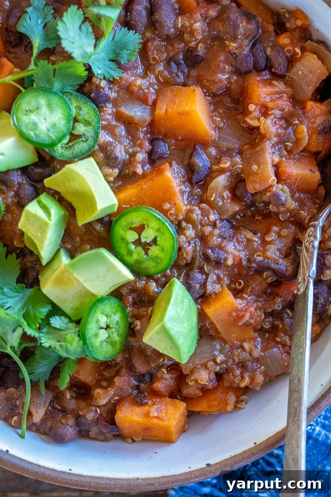 Wholesome Sweet Potato Quinoa Chili 4 close up of vegan chili with sweet potato