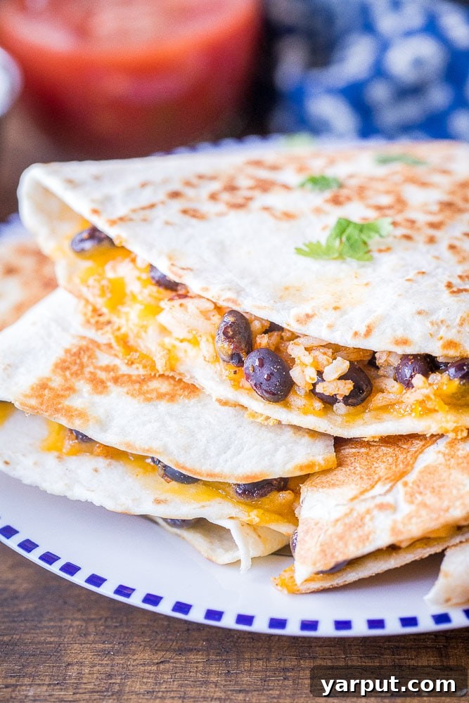 Easy Rice and Bean Quesadillas, a simple and satisfying vegetarian meal idea, served golden brown.