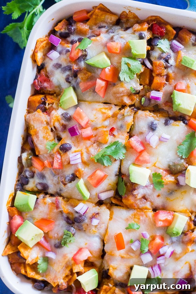 Black Bean Butternut Squash Enchilada Casserole, a comforting and hearty fall-inspired dish, baked golden brown.