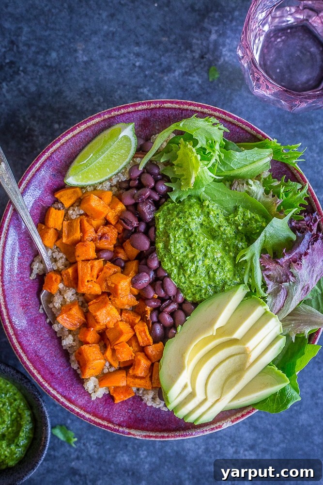Sweet Potato Black Bean Bowls with Cilantro Lime Pesto, a healthy and customizable meal prep option in clear containers.