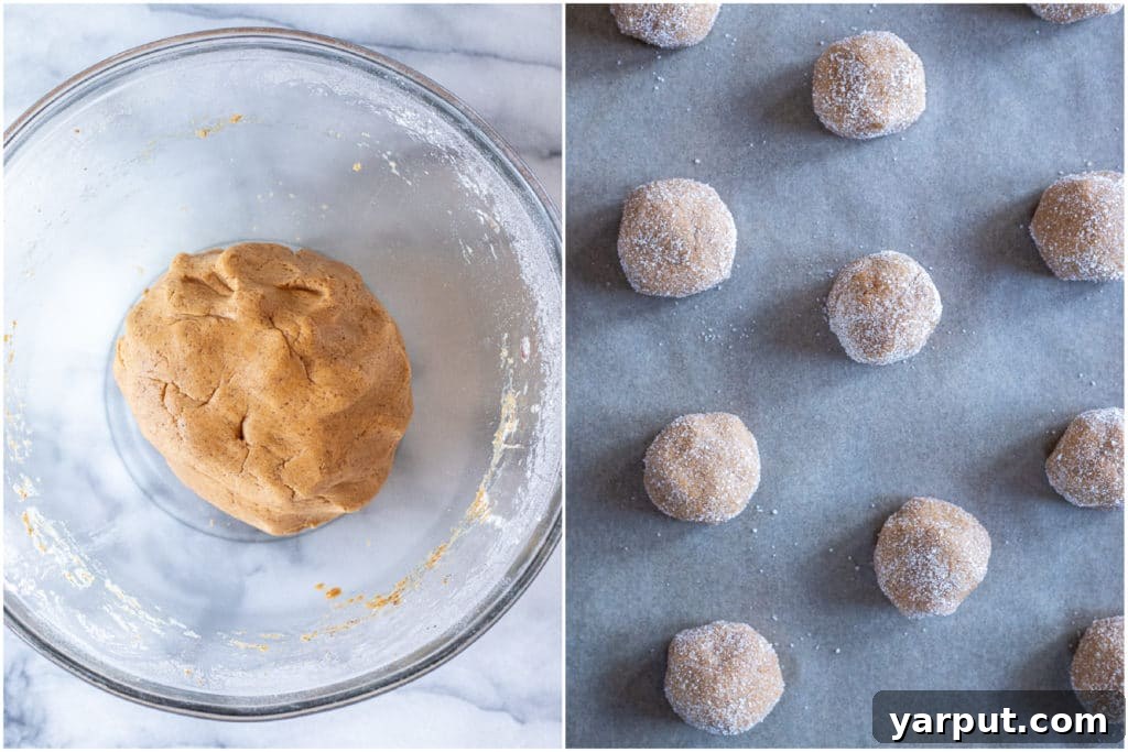 Hearty Maple Chews 4 A three-panel photo showing the process of forming maple cookie dough: first, a large bowl of dough; second, smaller portions scooped; and third, dough balls perfectly rolled in white sugar, ready for baking.