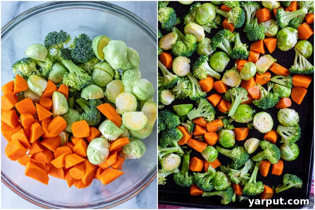 Effortless Roasted Vegetables 3 Close-up of colorful roasted vegetables including tender carrots, vibrant broccoli florets, and caramelized Brussels sprouts on a baking sheet, showcasing the perfect char.
