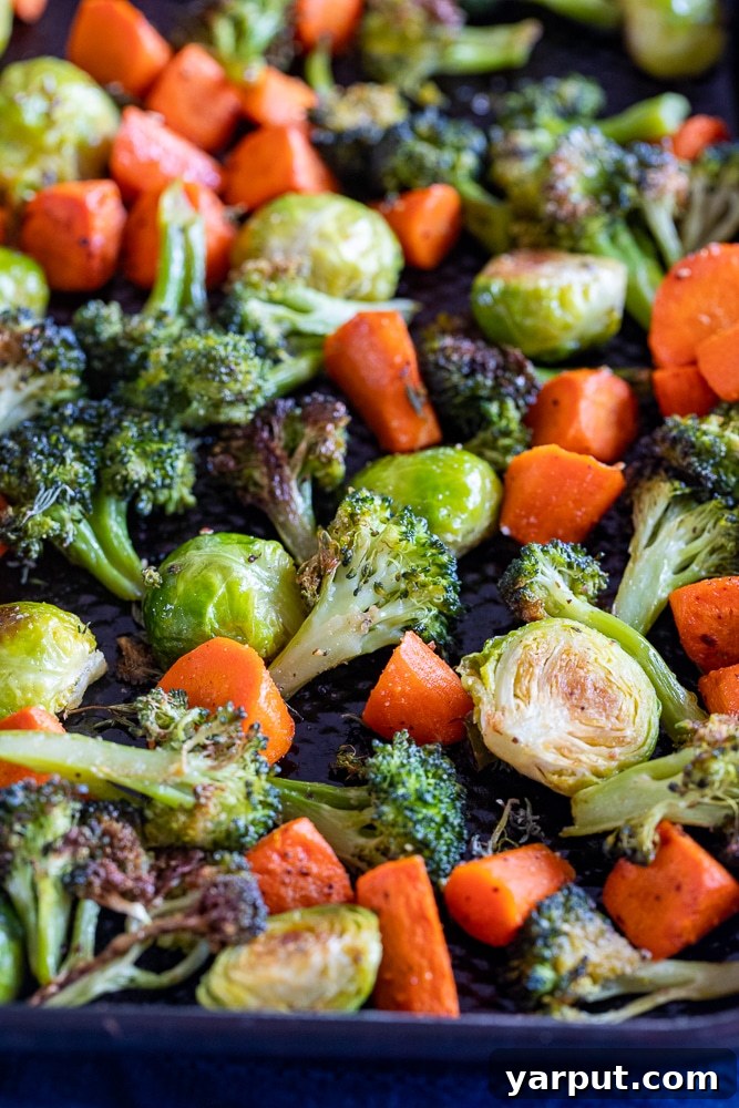 Effortless Roasted Vegetables 5 A close-up of the best easy roasted vegetables, showing a variety of colorful and perfectly cooked veggies, some with crispy, charred edges, on a baking tray.