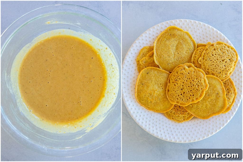 Plant-Based Breakfast Creations 4 Step-by-step process of making the perfect vegan egg patties, showing the batter in a pan forming small, round shapes.