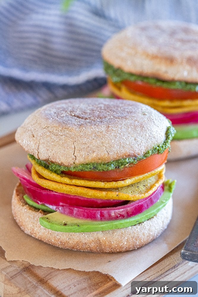 Plant-Based Breakfast Creations 5 A perfectly assembled vegan breakfast sandwich showcasing a golden chickpea flour egg patty, fresh toppings, and a savory spread, all nestled in a toasted English muffin.