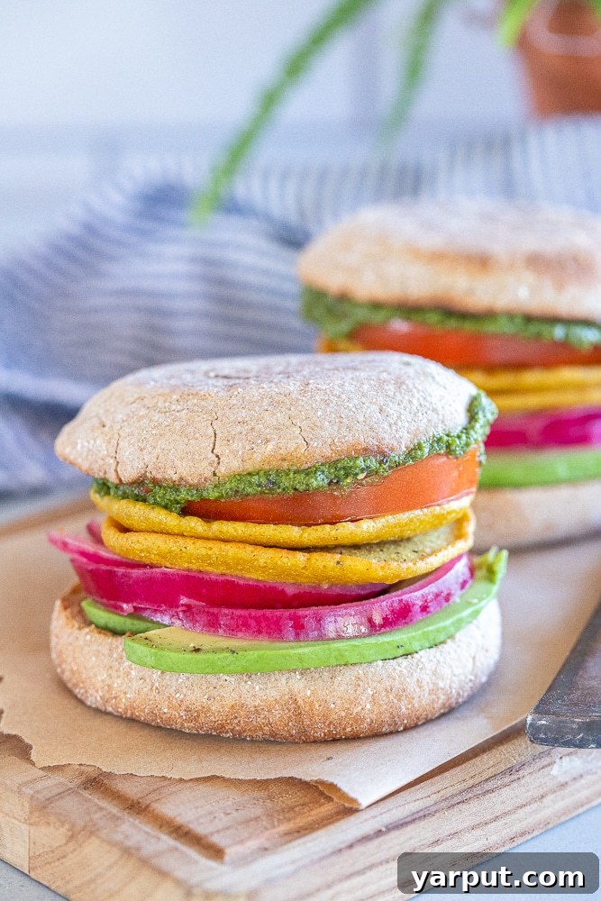 Plant-Based Breakfast Creations 6 Close up shot of a delicious vegan sandwich recipe, featuring layers of fresh ingredients and a savory chickpea-flour egg patty.