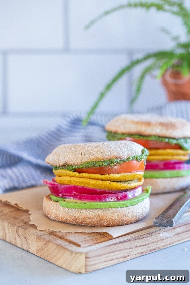 Plant-Based Breakfast Creations 7 A selection of delicious vegan breakfast sandwiches arranged on a wooden cutting board, with a green fern in the background.