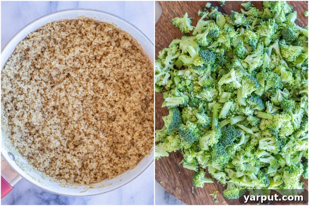Vibrant Quinoa Broccoli Chickpea Salad 3 a pot of cooked quinoa and a cutting board with freshly chopped raw broccoli for the quinoa salad preparation