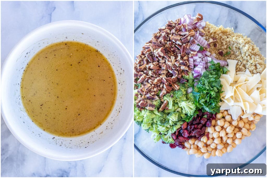 Vibrant Quinoa Broccoli Chickpea Salad 4 easy homemade lemon dressing with all the ingredients, ready to pour over the quinoa salad