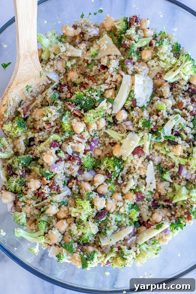 Vibrant Quinoa Broccoli Chickpea Salad 5 the best quinoa salad stored up in a bowl, ready for serving